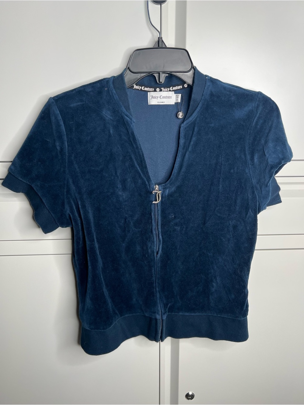 ☀️ Juicy Couture Navy Velour Short Sleeve Zip-Up Top
